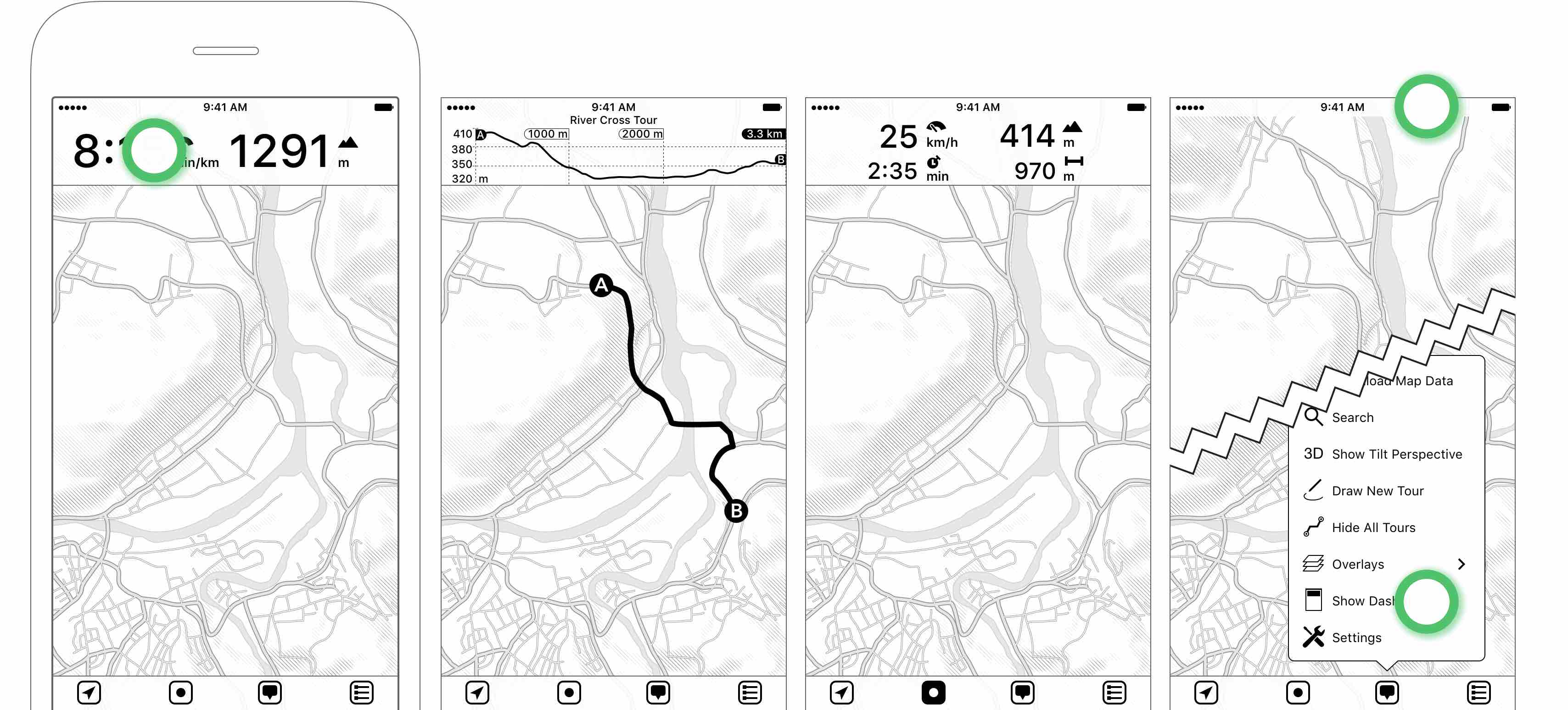 Figure 2.2: Toggle between speed and pace by tapping on the speed indicator — Tapping on a tour will display an altitude profile in the dashboard — While recording the dashboard displays additional information — Hide the dashboard by either tapping on the status bar or tap “Show/Hide Dashboard”