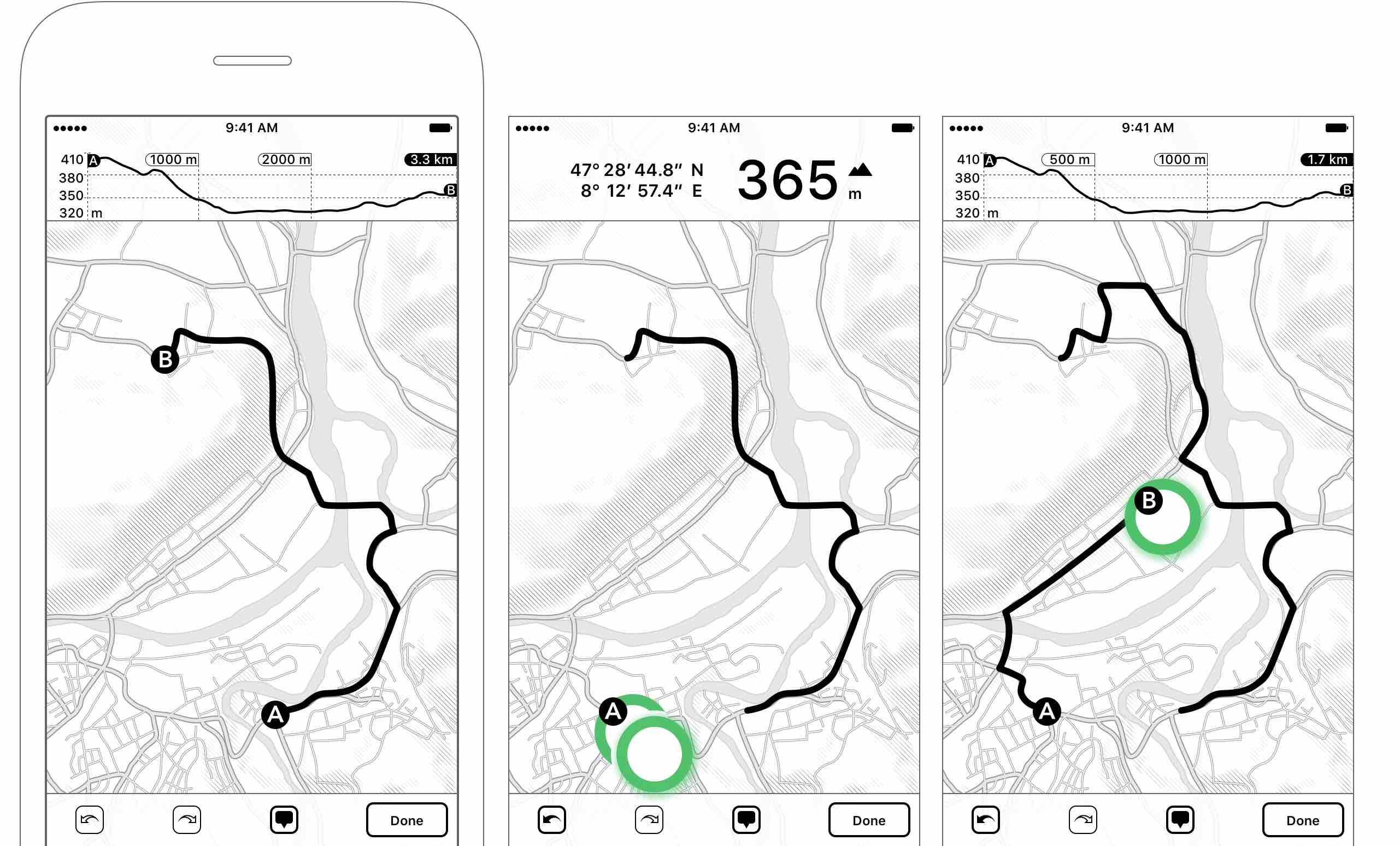 Figure 2.16: Adding an additional tour segment — Double-tap on a new location to start the new segment — tap on a new location to calculate the shortest path or drag along the streets — A new our segment is added to your tour