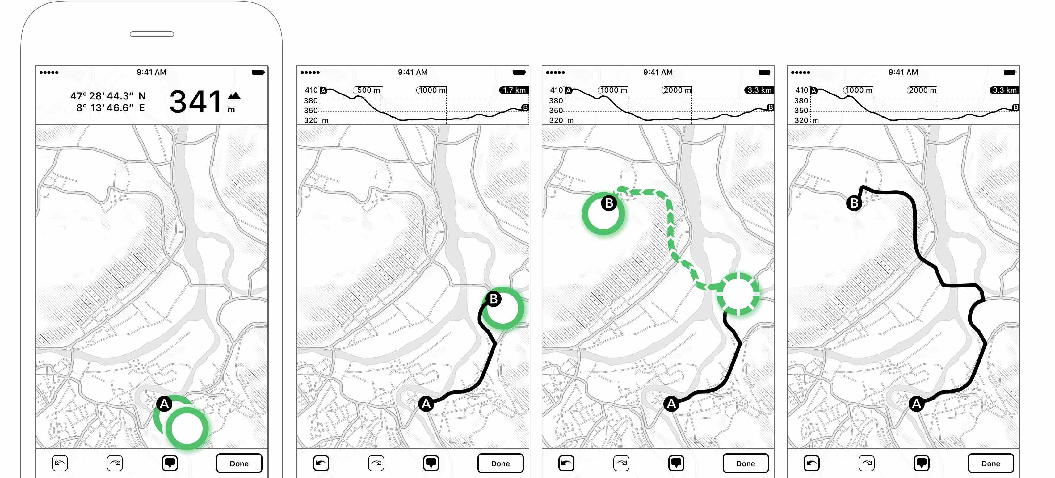 Figure 2.14: Start a new tour by double-tapping, an A-marker appears — Tap on a new location, the shortest path is calculated and a B-marker is placed — Alternatively, drag the B-marker over streets — The finished tour