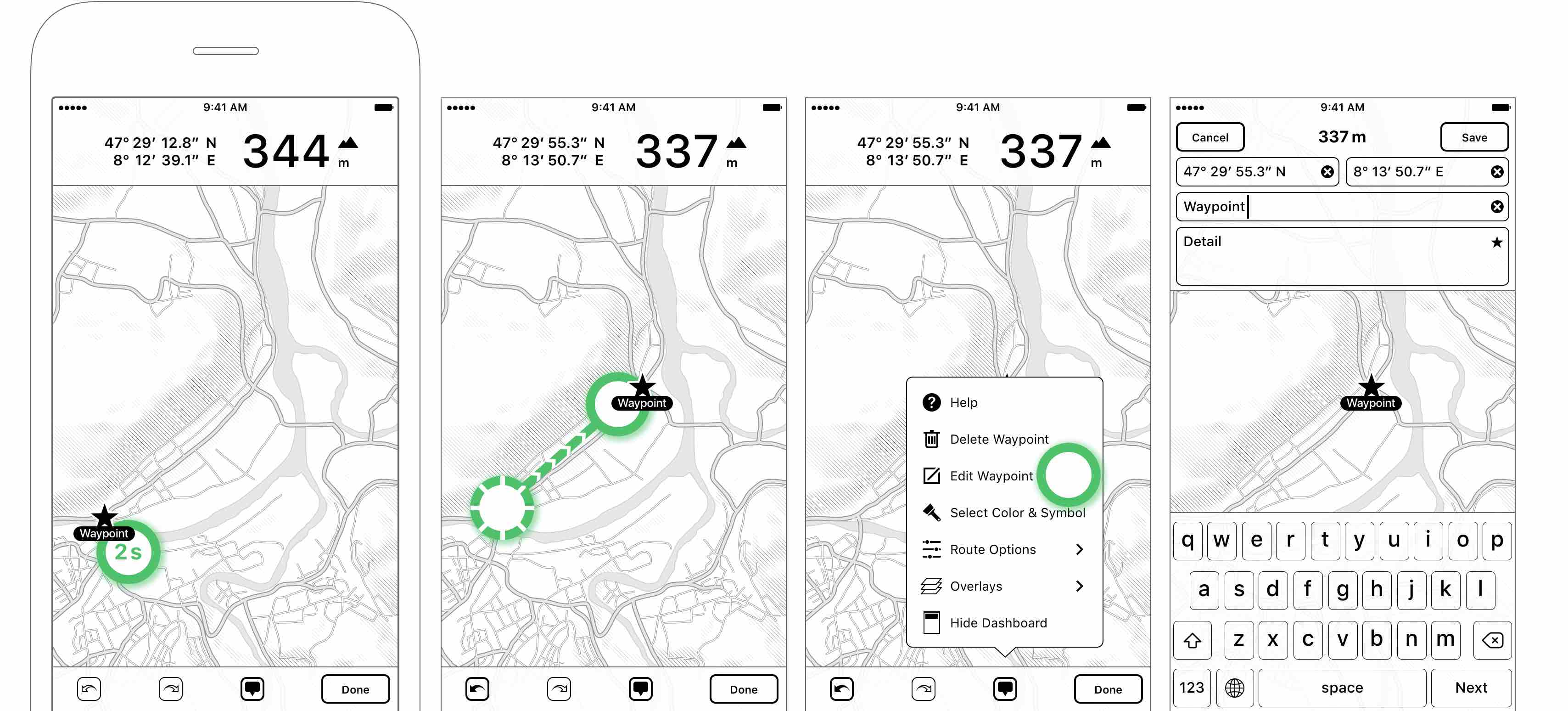 Figure 2.17: Adding a new waypoint by tapping > 2 sec — Move the waypoint by dragging it over the map — Modifying the name or detail of the waypoint — Entering the exact coordinates or title and detail information