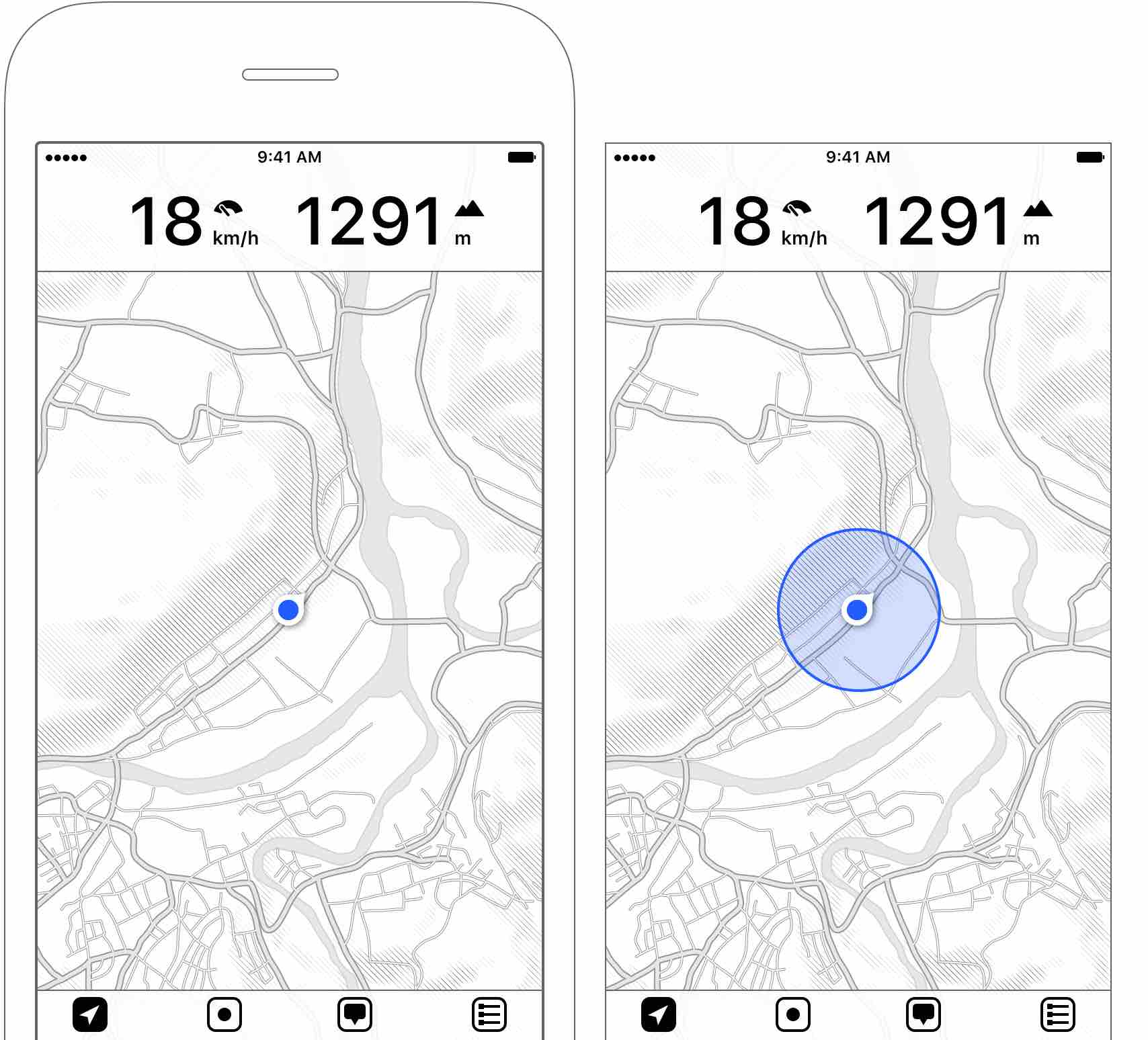 Figure 2.5: Location indicator with heading arrow — Accuracy indicator on location