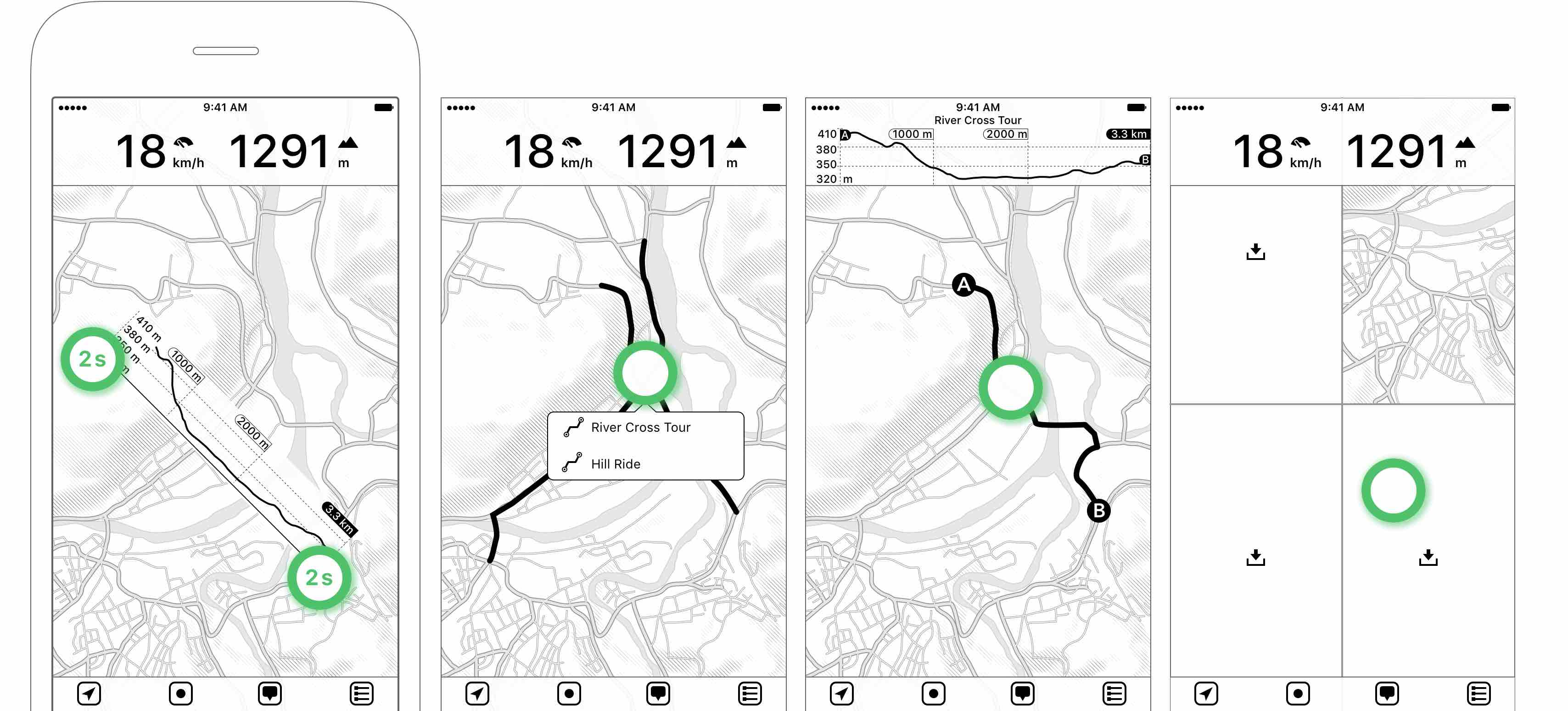 Figure 2.4: Tapping with two fingers for > 2 seconds will show an interactive altitude profile — If multiple tours are overlapping, a tour pop-up is shown — Tapping on a tour will display details and an altitude profile — Tap on the download icon to quickly download missing map data