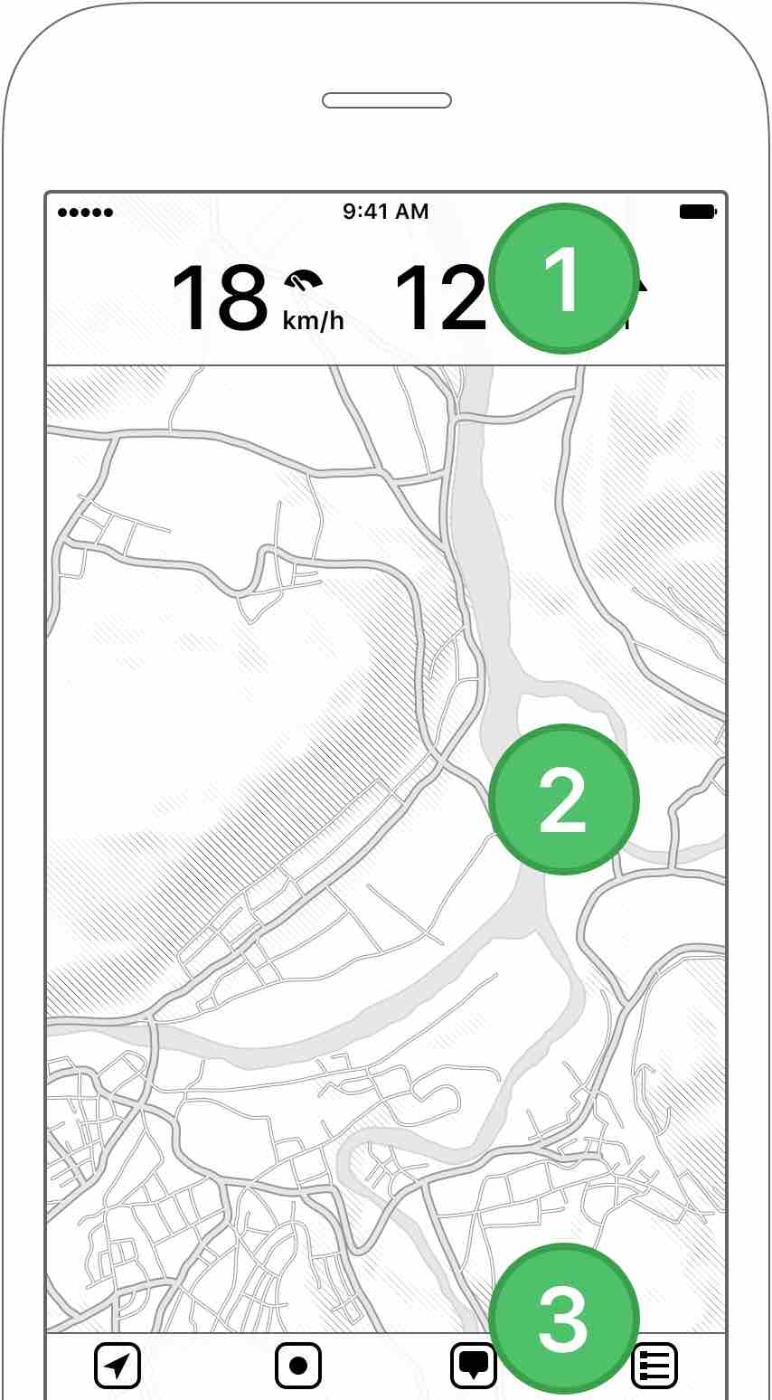 Figure 2.1: Main areas: Dashboard, Map, Toolbar