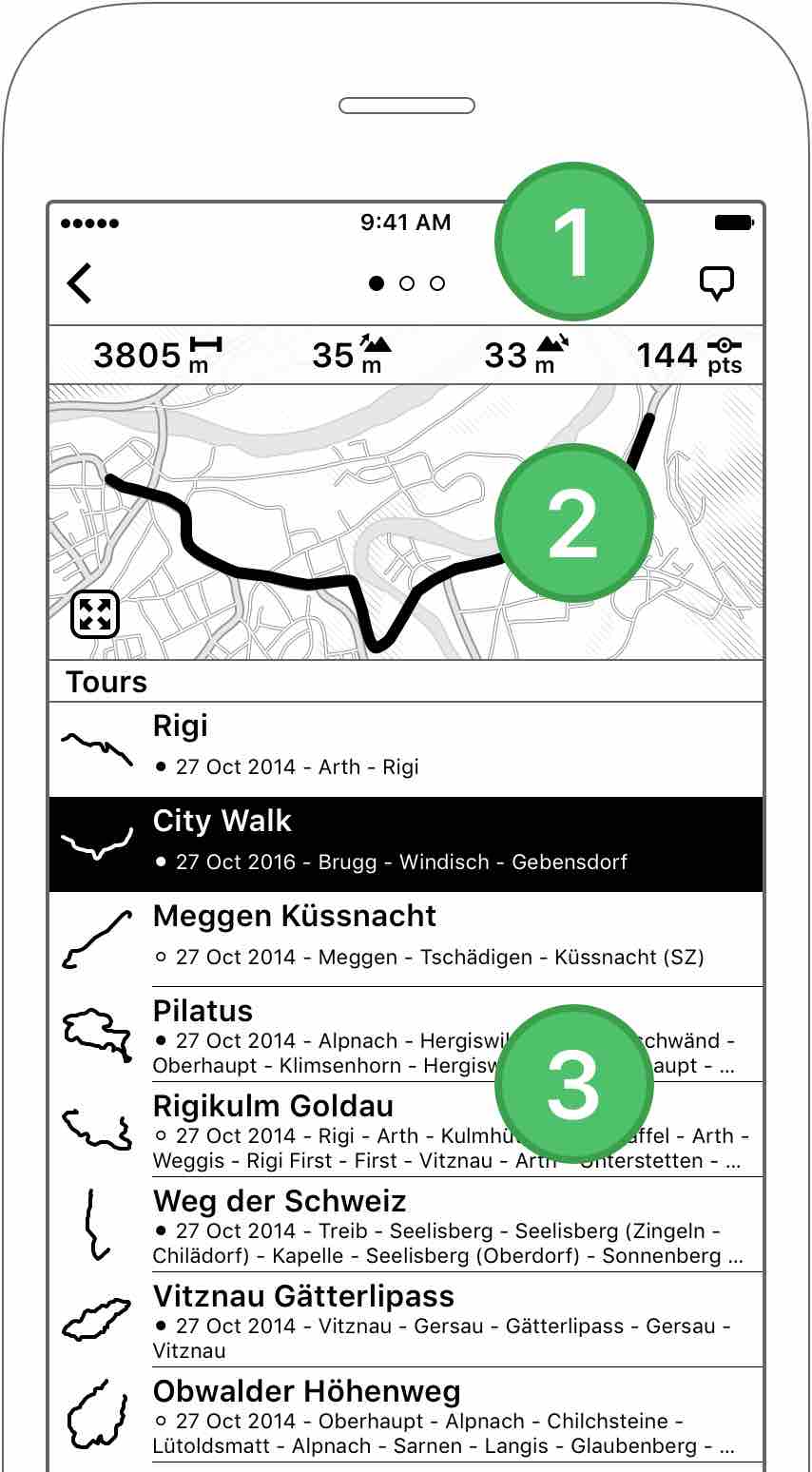 Figure 3.2: The three parts of the tour organizer: Navigation bar, information view, tour list