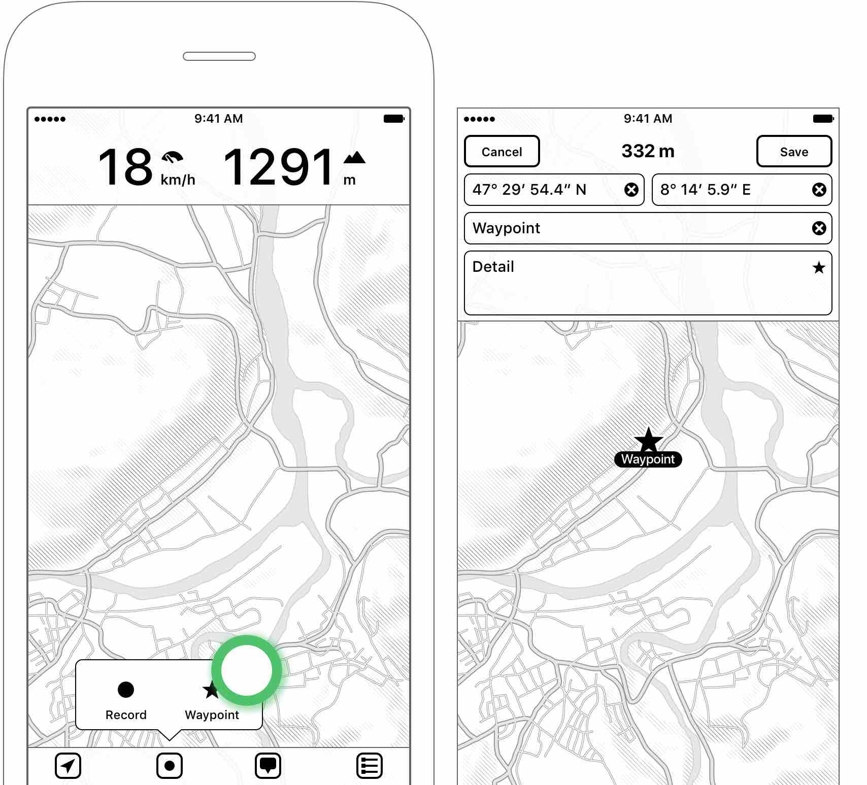 Figure 2.7: Tapping on “Waypoint” will add a new waypoint in the center of the screen — Waypoint editing screen where you can move the waypoint around, manually enter coordinates or rename it