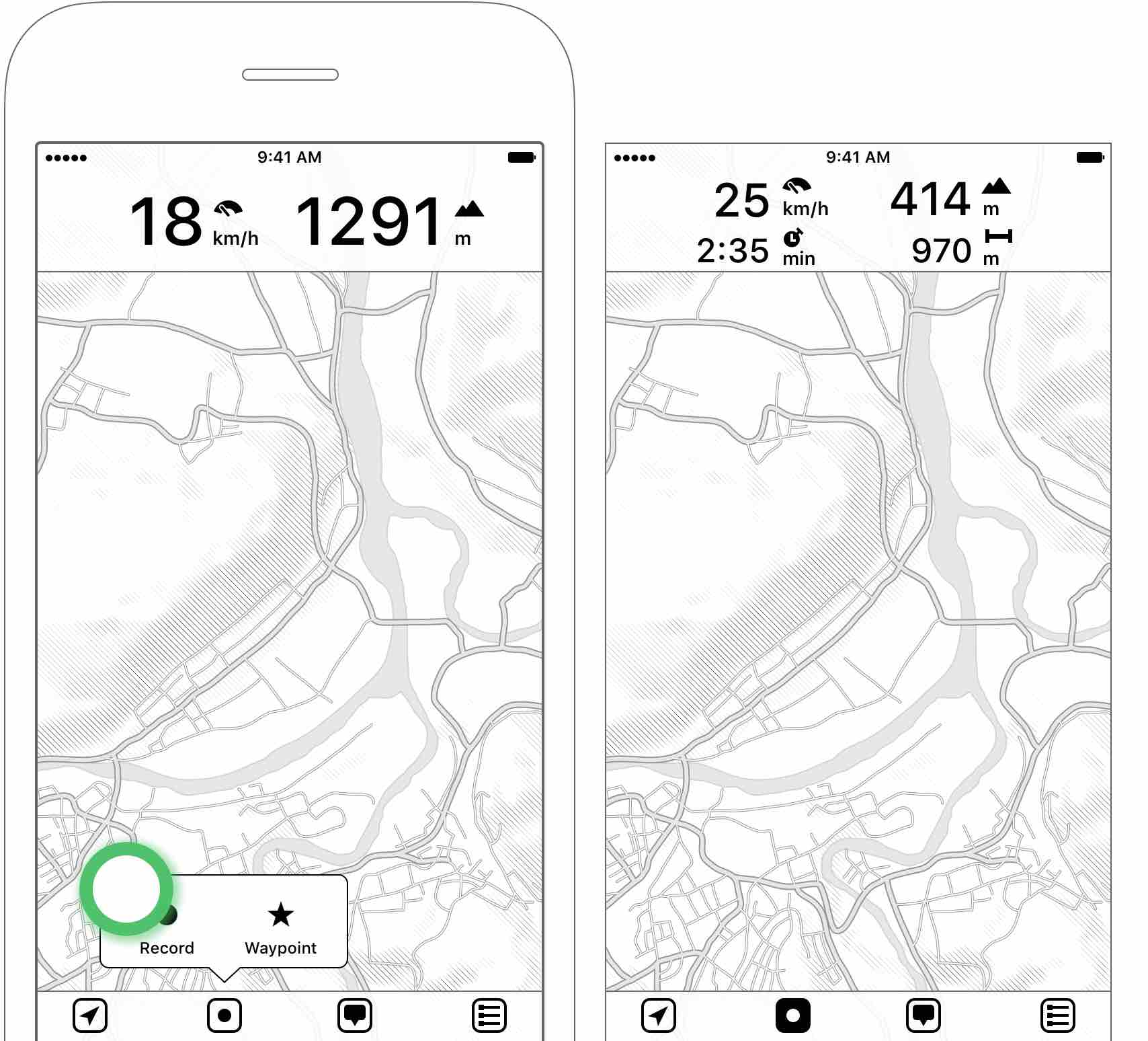 Figure 2.6: Tapping on “Record” will start a new recording — Record icon changes and dashboard shows additional Information