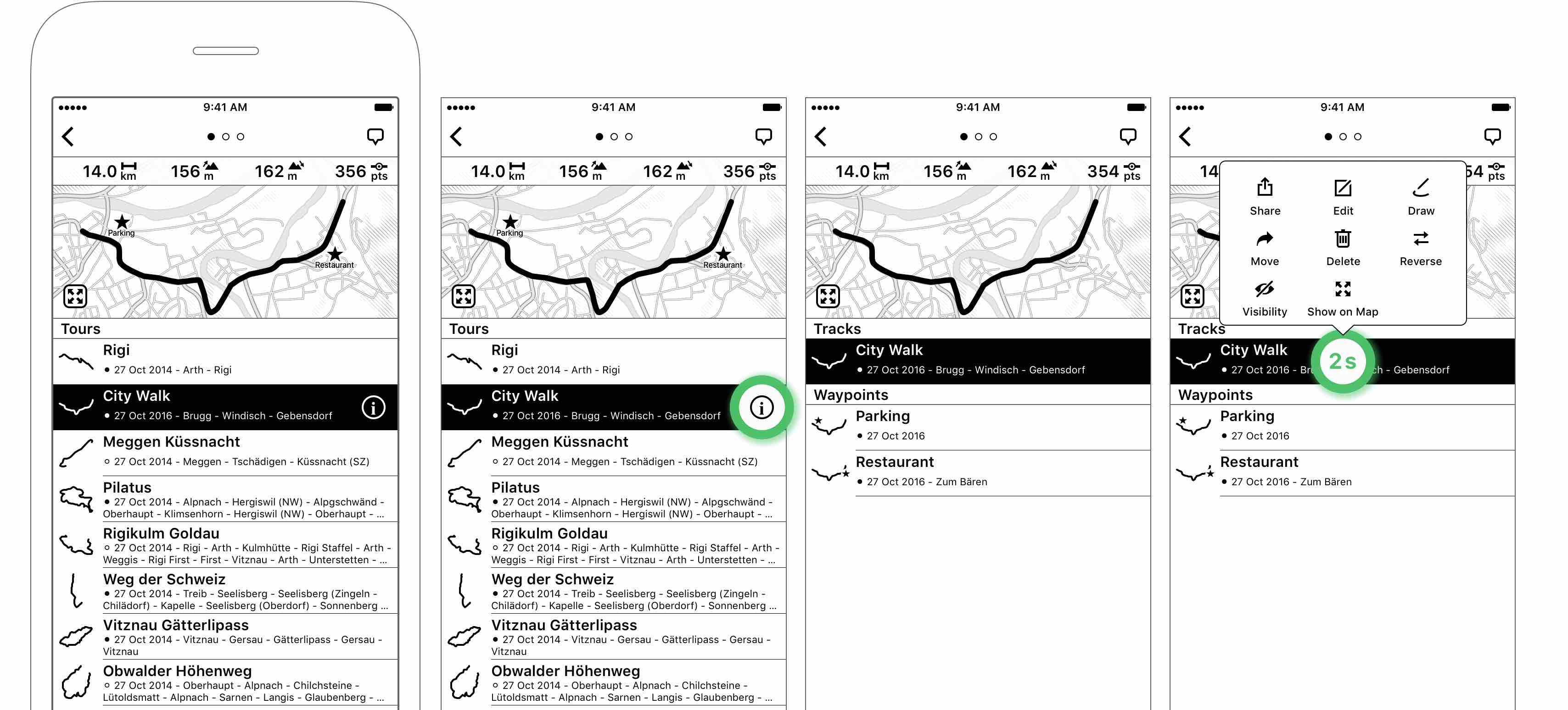 Figure 3.3: Tour list with selected “City Walk” — Tap on the info button to reveal details about the tour — Detailed tracks and waypoints of the tour — Long tapping on a track (or tour, waypoint) displays a pop-up with available actions